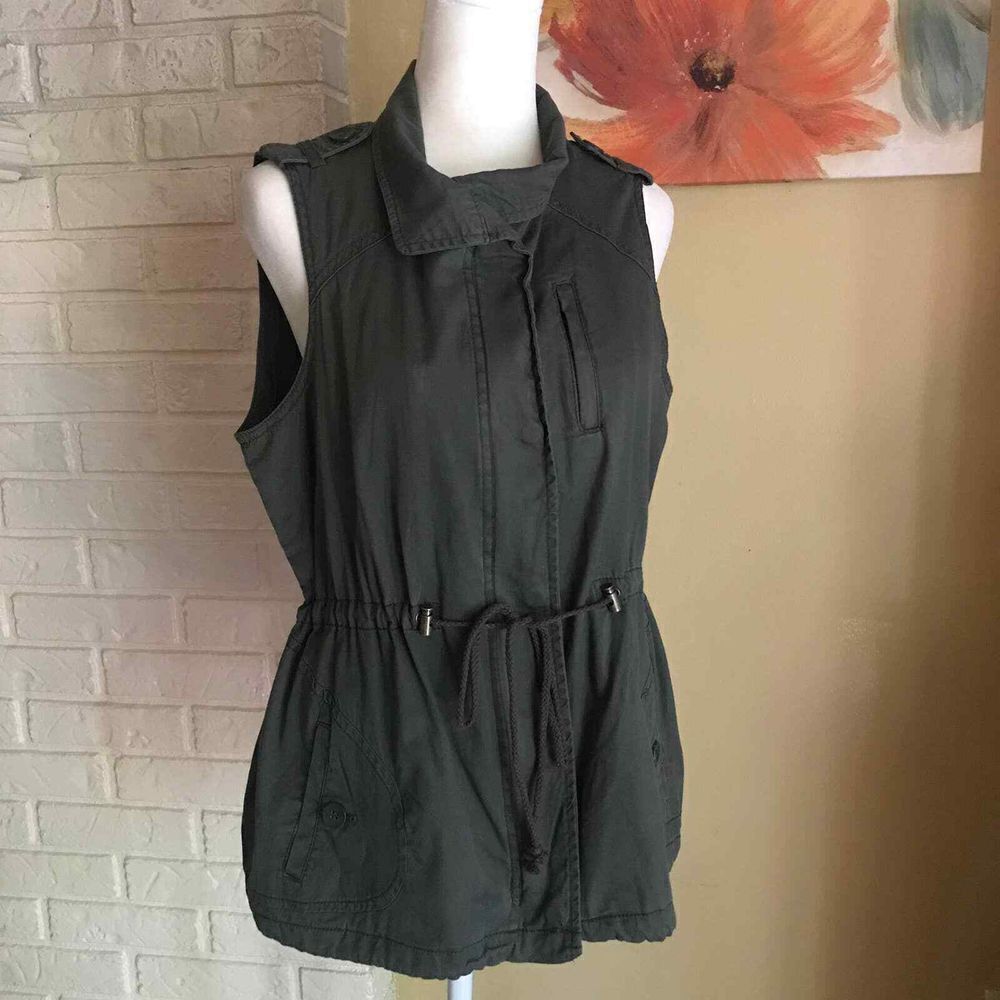 Ana Vest Womens Medium Green Utility Military Cargo Full Zip & Button Closure